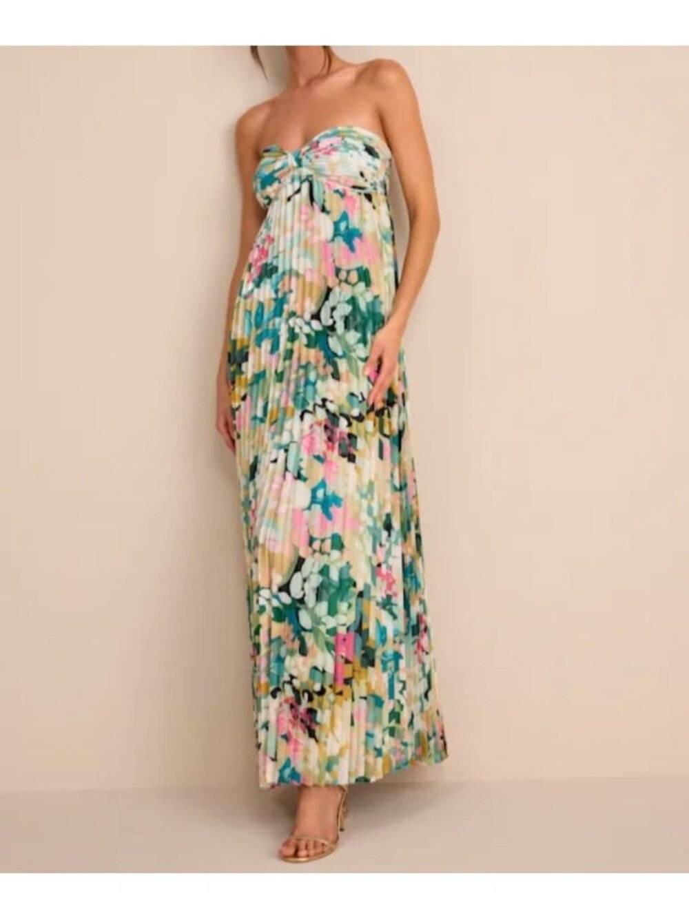 Lulus Whimsical Beauty Floral Satin Plisse Strapless Maxi Dress Small